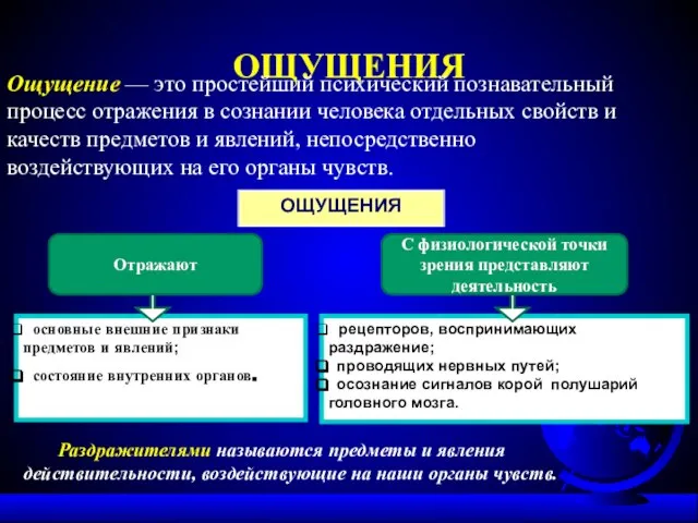 ОЩУЩЕНИЯ Ощущение — это простейший психический познавательный процесс отражения в сознании человека