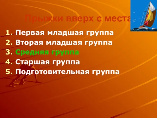 Прыжки вверх с места Первая младшая группа Вторая младшая группа Средняя группа Старшая группа Подготовительная группа