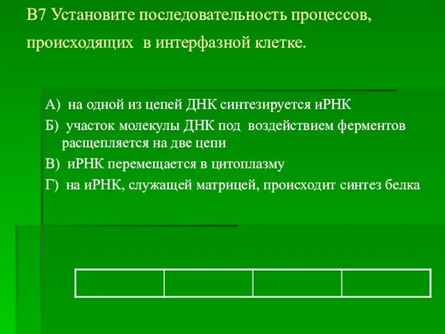 B7 Установите последовательность процессов, происходящих в интерфазной клетке. А) на одной из