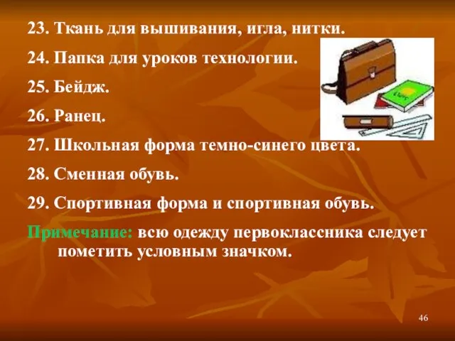 23. Ткань для вышивания, игла, нитки. 24. Папка для уроков технологии. 25.