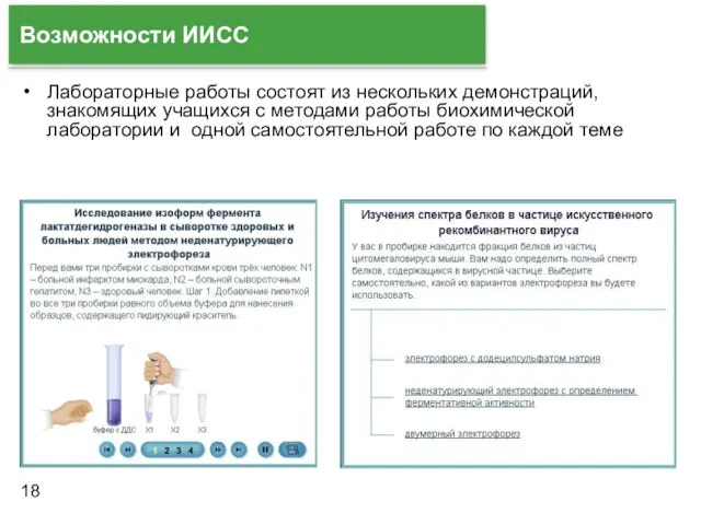 Возможности ИИСС Лабораторные работы состоят из нескольких демонстраций, знакомящих учащихся с методами