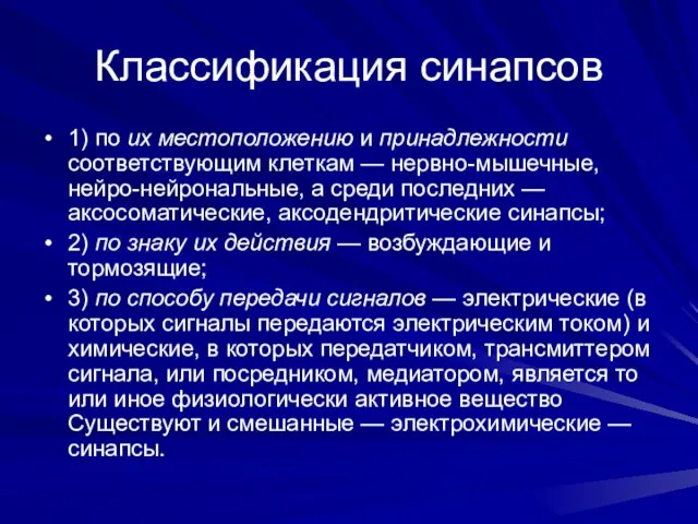 Классификация синапсов 1) по их местоположению и принадлежности соответствующим клеткам — нервно-мышечные,