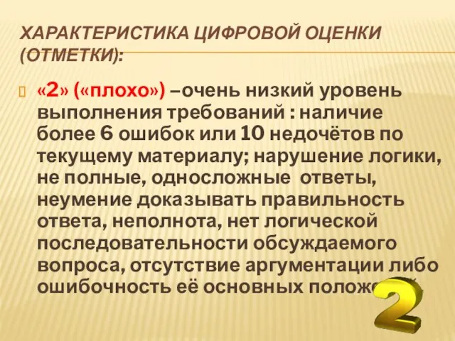 ХАРАКТЕРИСТИКА ЦИФРОВОЙ ОЦЕНКИ (ОТМЕТКИ): «2» («плохо») –очень низкий уровень выполнения требований :