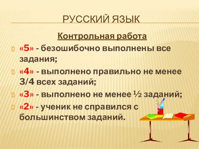 РУССКИЙ ЯЗЫК Контрольная работа «5» - безошибочно выполнены все задания; «4» -