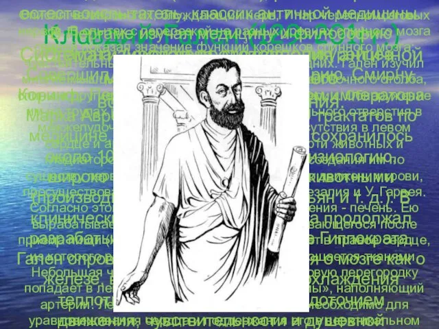 Клавдий Гален (129-201гг.) Описал четвероногих, блуждающий нерв, 7 пар черепномозговых нервов. В