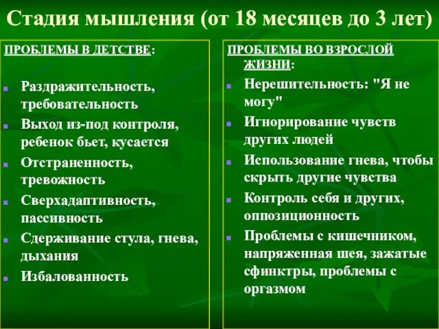 Стадия мышления (от 18 месяцев до 3 лет) ПРОБЛЕМЫ В ДЕТСТВЕ: Раздражительность,