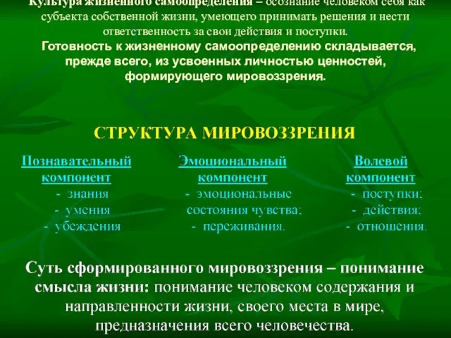 Культура жизненного самоопределения – осознание человеком себя как субъекта собственной жизни, умеющего