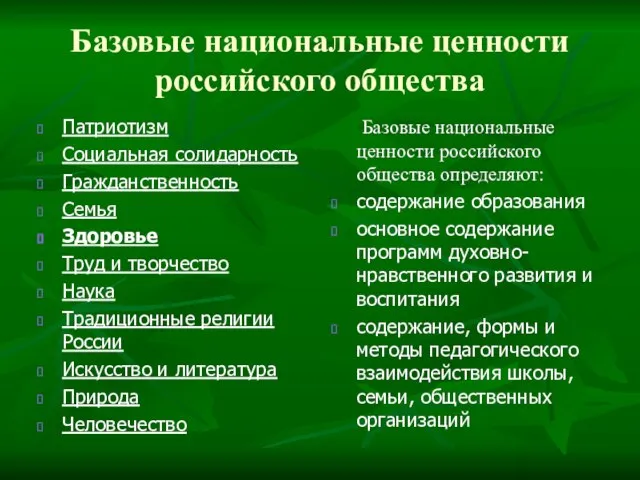 Патриотизм Социальная солидарность Гражданственность Семья Здоровье Труд и творчество Наука Традиционные религии