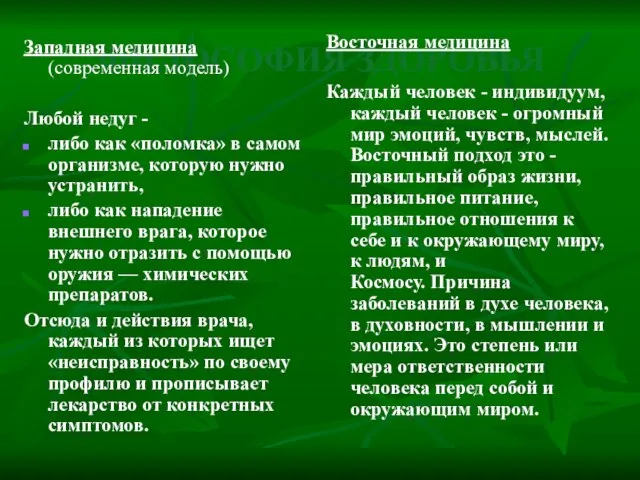 ФИЛОСОФИЯ ЗДОРОВЬЯ Западная медицина (современная модель) Любой недуг - либо как «поломка»