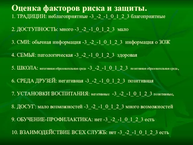 Оценка факторов риска и защиты. 1. ТРАДИЦИИ: неблагоприятные -3_-2_-1_0_1_2_3 благоприятные 2. ДОСТУПНОСТЬ: