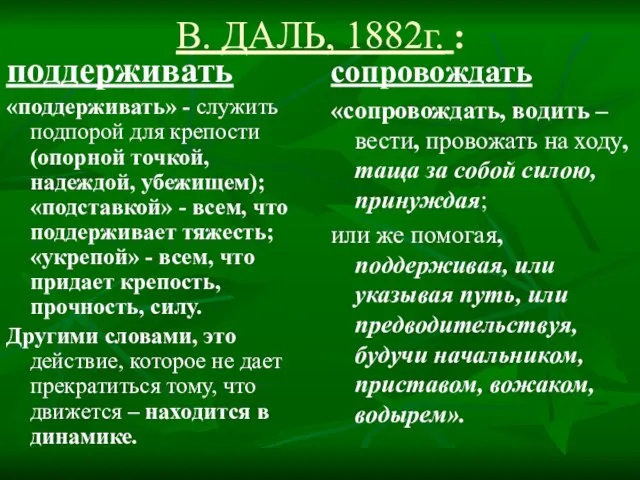 В. ДАЛЬ, 1882г. : поддерживать «поддерживать» - служить подпорой для крепости (опорной