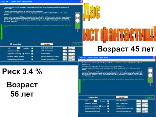 Риск 3.4 % Возраст 56 лет Риск 0.4 % Возраст 45 лет Дас ист фантастиш!