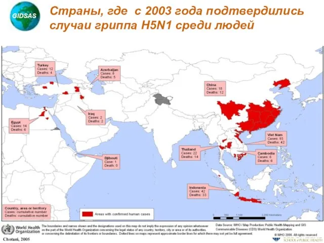Страны, где с 2003 года подтвердились случаи гриппа H5N1 среди людей