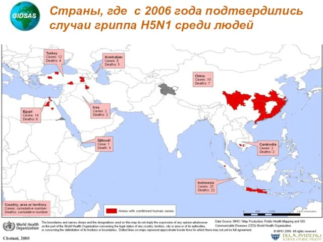 Страны, где с 2006 года подтвердились случаи гриппа H5N1 среди людей
