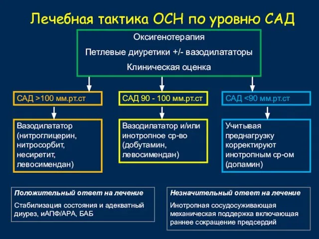 Лечебная тактика ОСН по уровню САД Оксигенотерапия Петлевые диуретики +/- вазодилататоры Клиническая