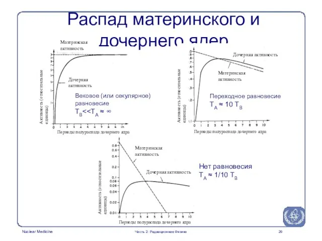 Распад материнского и дочернего ядер Вековое (или секулярное) равновесие TB Переходное равновесие