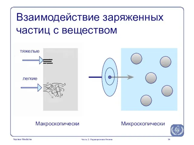 Взаимодействие заряженных частиц с веществом тяжелые легкие Макроскопически Микроскопически Часть 2: Радиационная Физика