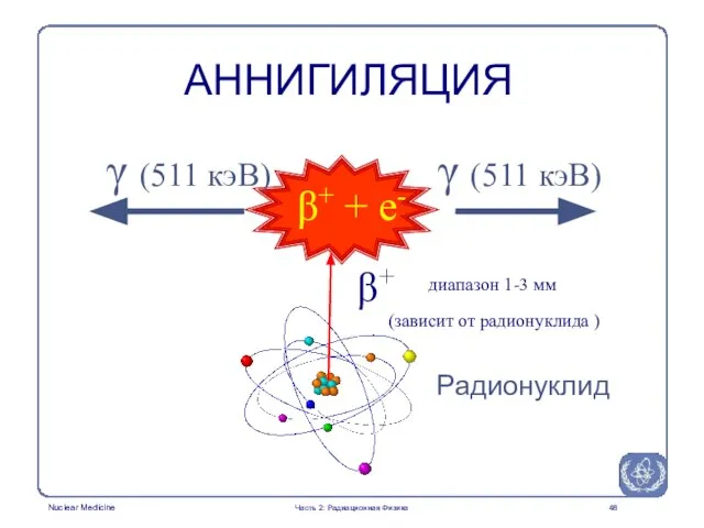 АННИГИЛЯЦИЯ β+ + e- γ (511 кэВ) γ (511 кэВ) β+ диапазон