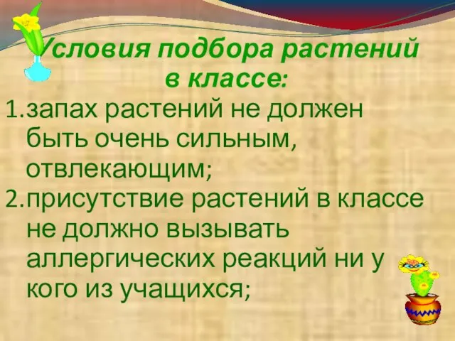 Условия подбора растений в классе: запах растений не должен быть очень сильным,