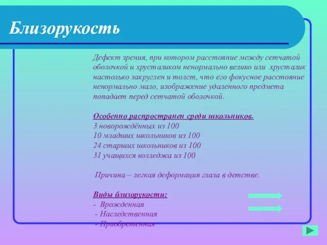 Близорукость Дефект зрения, при котором расстояние между сетчатой оболочкой и хрусталиком ненормально