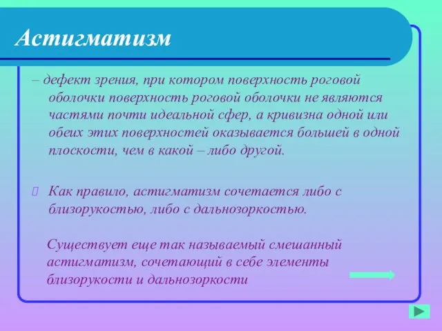 Астигматизм – дефект зрения, при котором поверхность роговой оболочки поверхность роговой оболочки