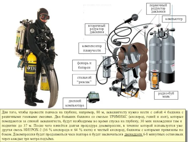 Для того, чтобы провести полчаса на глубине, например, 80 м, аквалангисту нужно