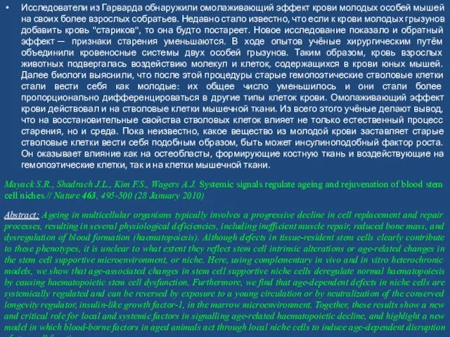 Исследователи из Гарварда обнаружили омолаживающий эффект крови молодых особей мышей на своих