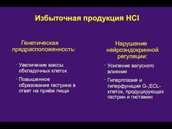 Генетическая предрасположенность: Увеличение массы обкладочных клеток Повышенное образование гастрина в ответ на