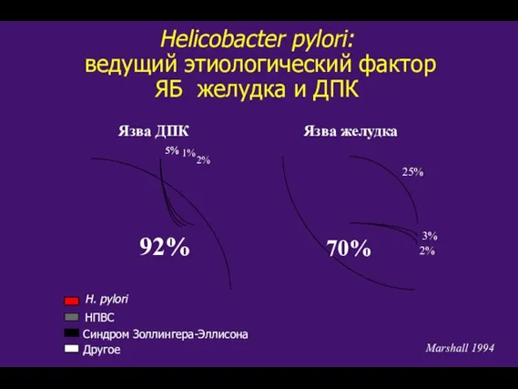 Helicobacter pylori: ведущий этиологический фактор ЯБ желудка и ДПК Marshall 1994 Язва