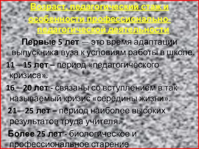 Возраст, педагогический стаж и особенности профессионально-педагогической деятельности Первые 5 лет — это