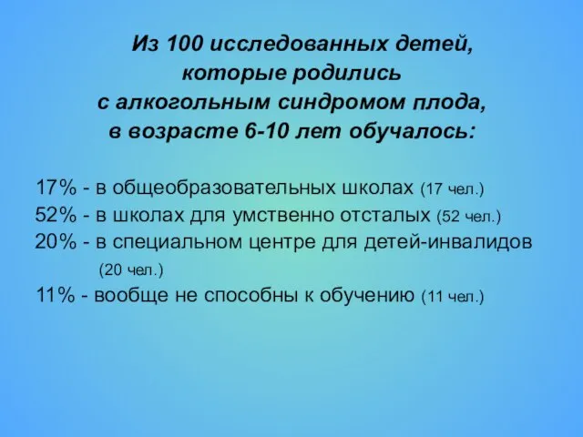 Из 100 исследованных детей, которые родились с алкогольным синдромом плода, в возрасте