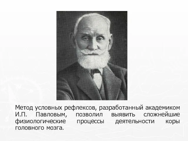 Метод условных рефлексов, разработанный академиком И.П. Павловым, позволил выявить сложнейшие физиологические процессы деятельности коры головного мозга.
