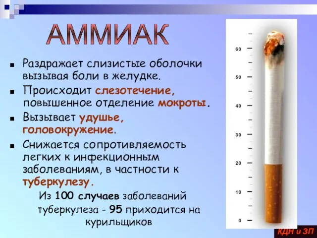 Раздражает слизистые оболочки вызывая боли в желудке. Происходит слезотечение, повышенное отделение мокроты.