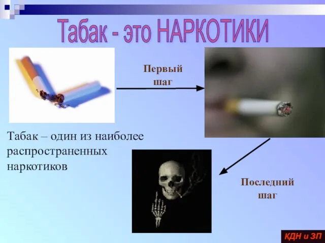 Табак – один из наиболее распространенных наркотиков Первый шаг Последний шаг КДН