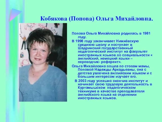 Кобякова (Попова) Ольга Михайловна. Попова Ольга Михайловна родилась в 1981 году. В