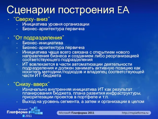 Сценарии построения EA “Сверху-вниз” Инициатива уровня организации Бизнес-архитектура первична “От подразделения” Бизнес-инициатива