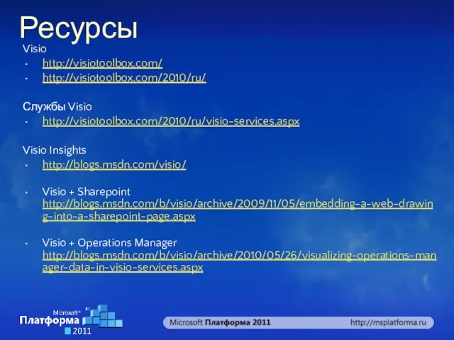 Ресурсы Visio http://visiotoolbox.com/ http://visiotoolbox.com/2010/ru/ Службы Visio http://visiotoolbox.com/2010/ru/visio-services.aspx Visio Insights http://blogs.msdn.com/visio/ Visio +