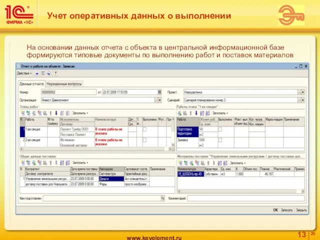 Учет оперативных данных о выполнении На основании данных отчета с объекта в