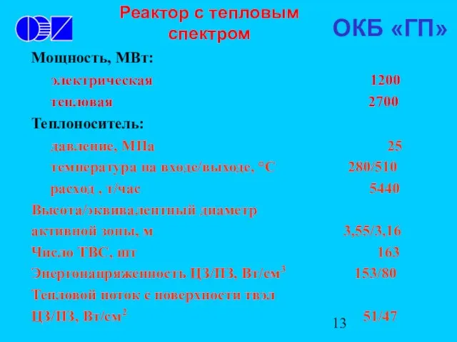 Реактор с тепловым спектром Мощность, МВт: электрическая 1200 тепловая 2700 Теплоноситель: давление,