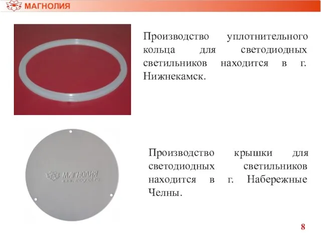 Производство уплотнительного кольца для светодиодных светильников находится в г. Нижнекамск. МАГНОЛИЯ 8