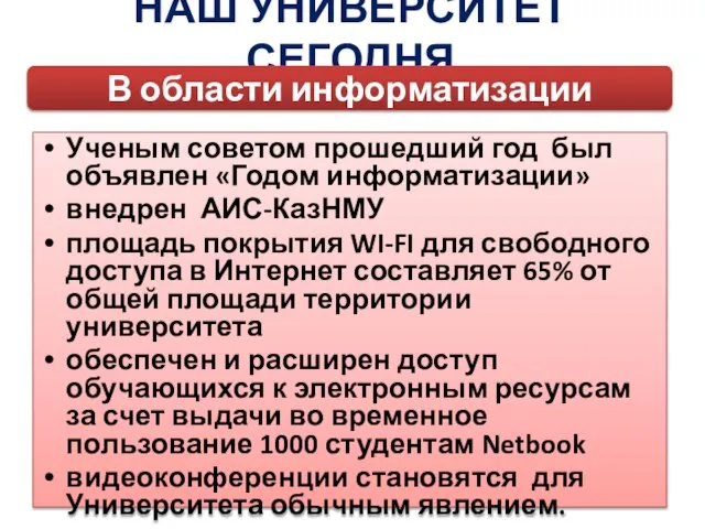 Ученым советом прошедший год был объявлен «Годом информатизации» внедрен АИС-КазНМУ площадь покрытия