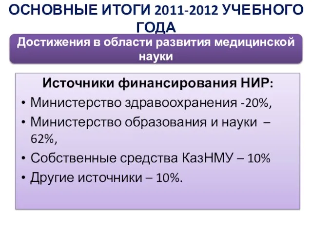 Источники финансирования НИР: Министерство здравоохранения -20%, Министерство образования и науки – 62%,