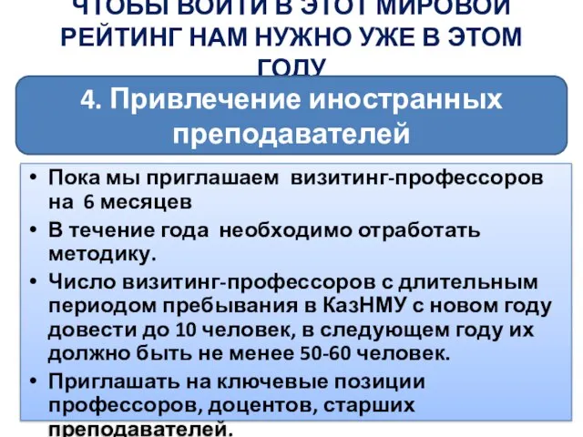 Пока мы приглашаем визитинг-профессоров на 6 месяцев В течение года необходимо отработать