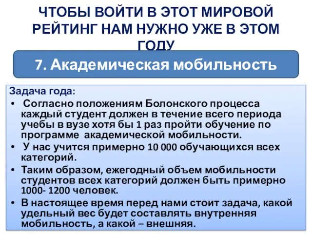 Задача года: Согласно положениям Болонского процесса каждый студент должен в течение всего