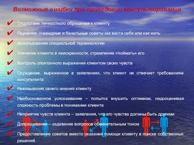 Возможные ошибки при проведении консультирования Отсутствие личностного обращения к клиенту Поучения, очевидные