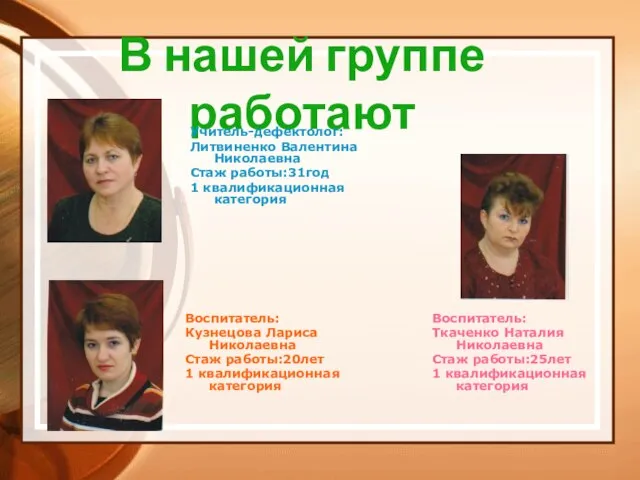 В нашей группе работают Воспитатель: Ткаченко Наталия Николаевна Стаж работы:25лет 1 квалификационная