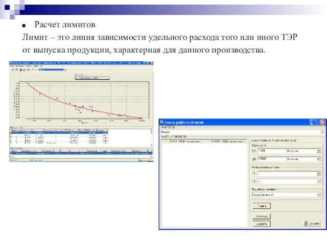Расчет лимитов Лимит – это линия зависимости удельного расхода того или иного