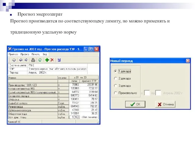 Прогноз энергозатрат Прогноз производится по соответствующему лимиту, но можно применять и традиционную удельную норму