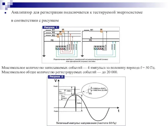 Анализатор для регистрации подключается к тестируемой энергосистеме в соответствии с рисунком Максимальное