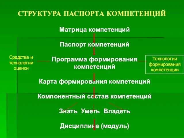 СТРУКТУРА ПАСПОРТА КОМПЕТЕНЦИЙ Матрица компетенций Паспорт компетенций Программа формирования компетенций Карта формирования